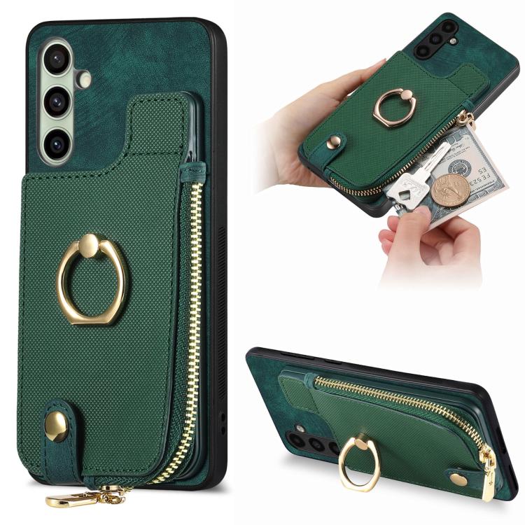 Cross Leather Ring Vertical Zipper Wallet Back Phone Case