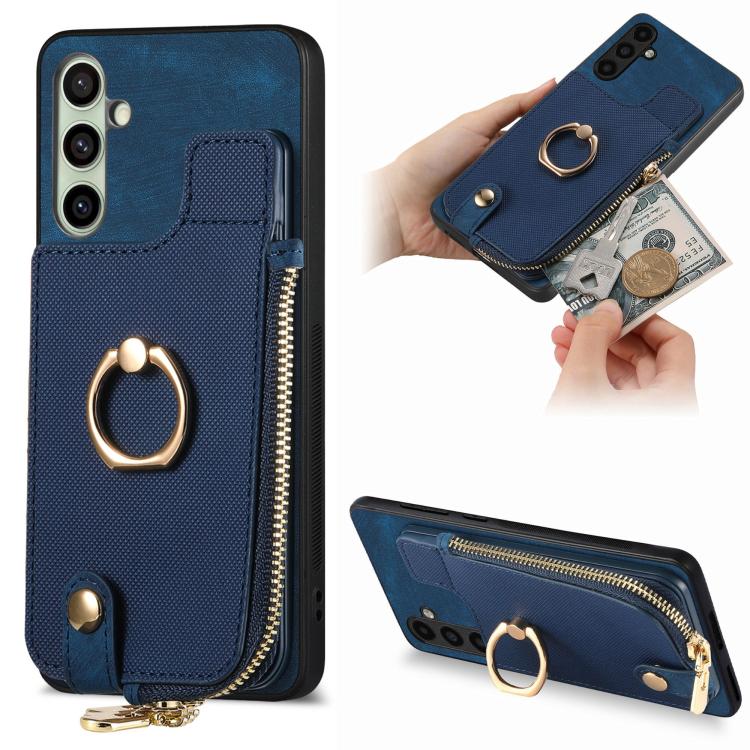 Cross Leather Ring Vertical Zipper Wallet Back Phone Case
