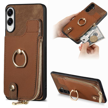 Cross Leather Ring Vertical Zipper Wallet Back Phone Case