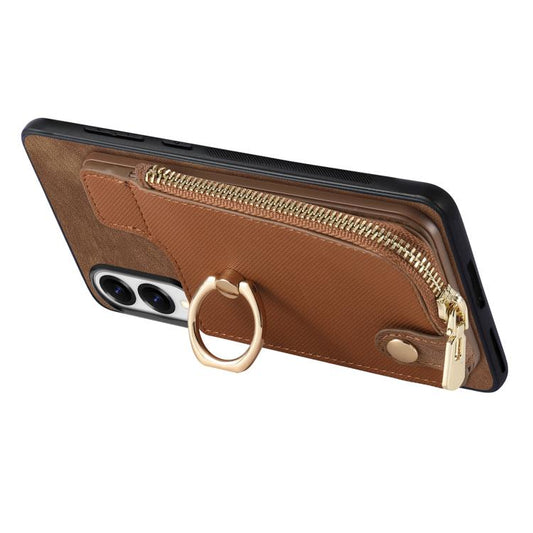 Cross Leather Ring Vertical Zipper Wallet Back Phone Case