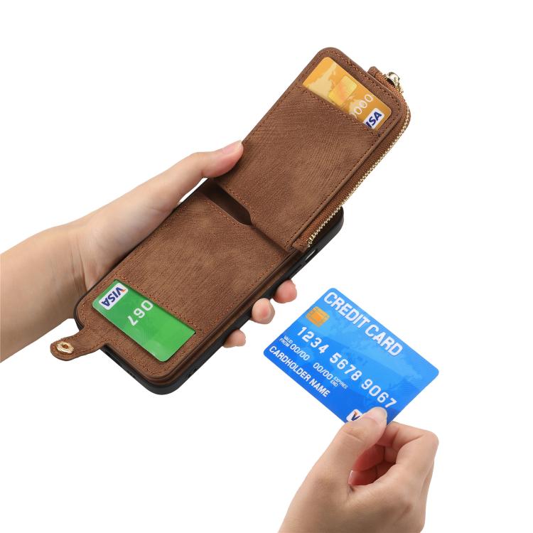 Cross Leather Ring Vertical Zipper Wallet Back Phone Case