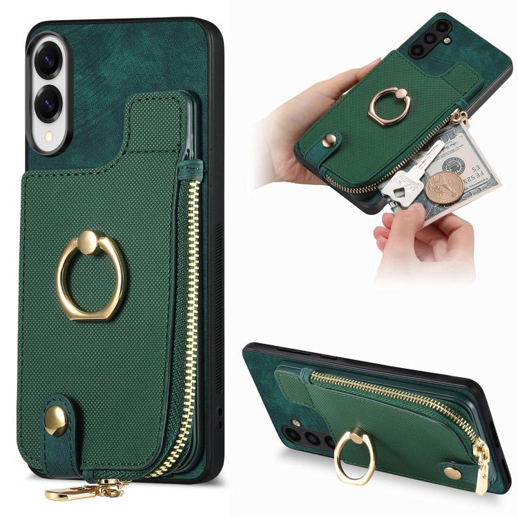 Cross Leather Ring Vertical Zipper Wallet Back Phone Case