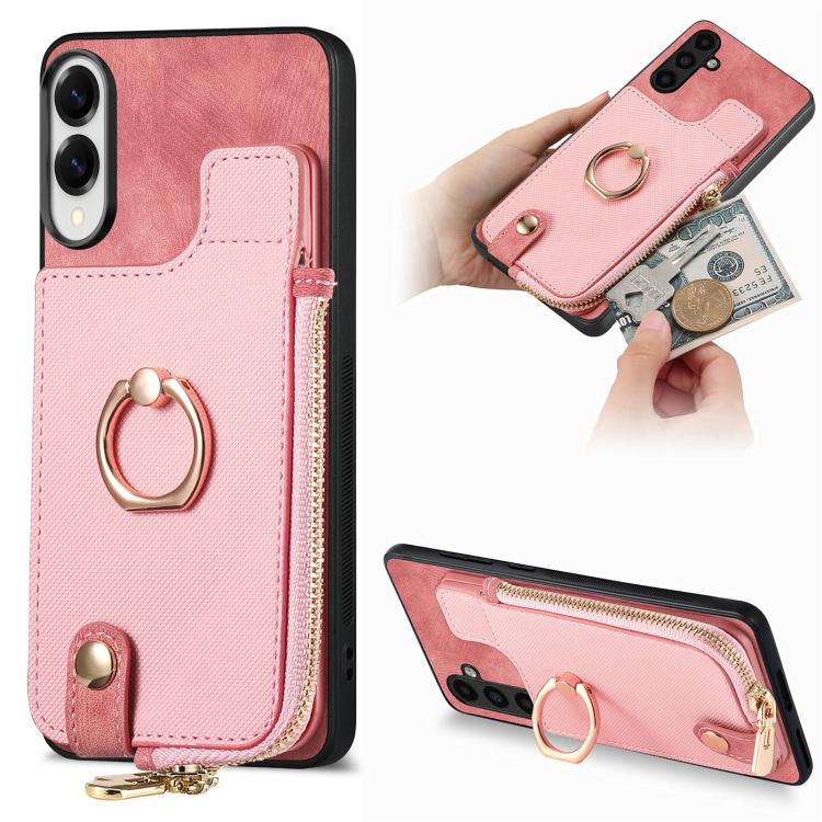 Cross Leather Ring Vertical Zipper Wallet Back Phone Case