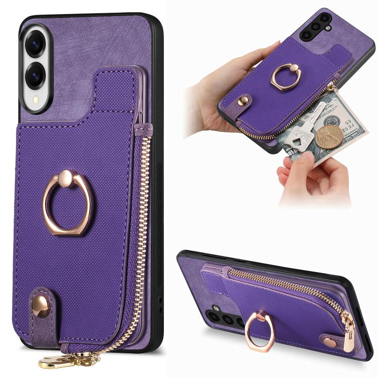Cross Leather Ring Vertical Zipper Wallet Back Phone Case