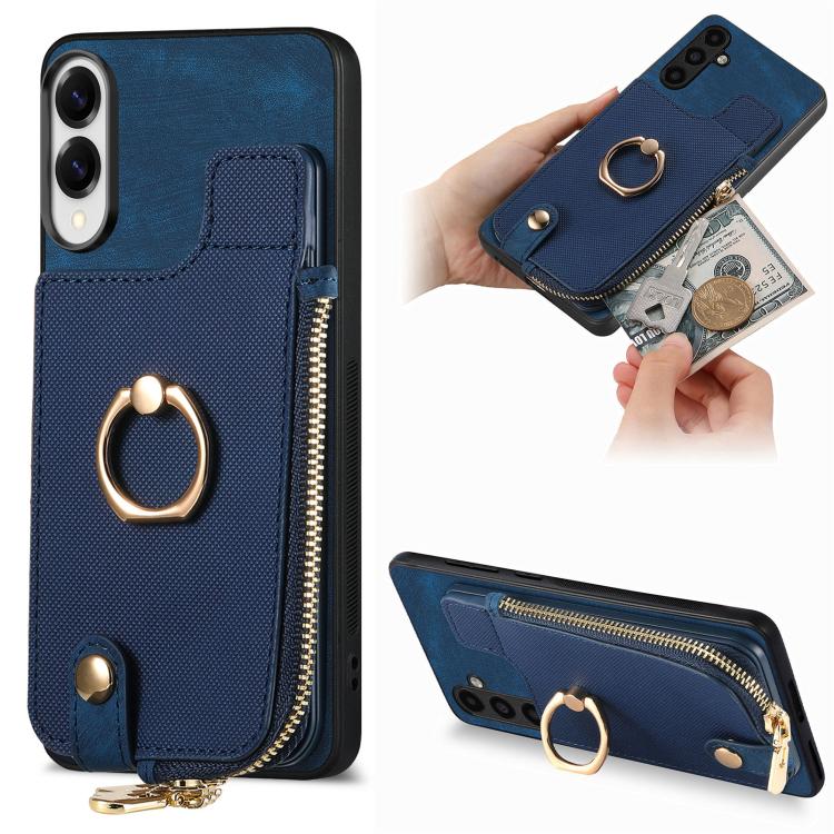 Cross Leather Ring Vertical Zipper Wallet Back Phone Case