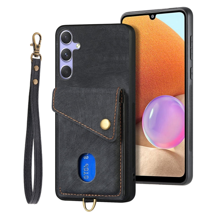 Retro Card Wallet Fold Leather Phone Case with Strap