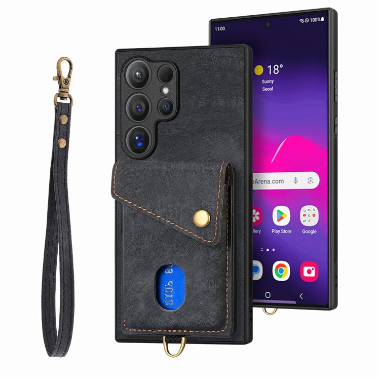 Retro Card Wallet Fold Leather Phone Case with Strap