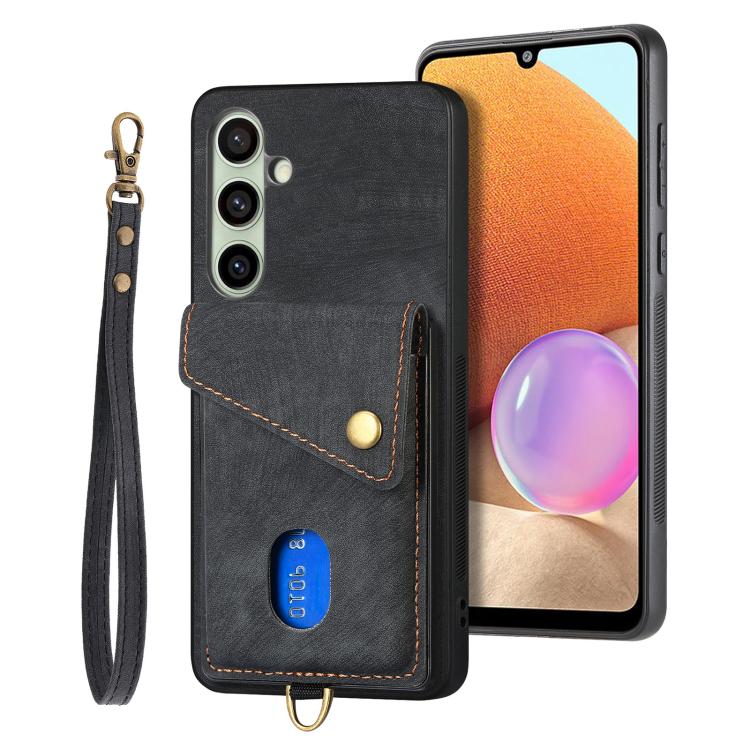 Retro Card Wallet Fold Leather Phone Case with Strap