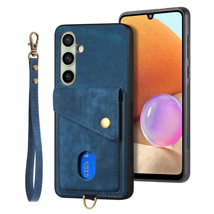 Retro Card Wallet Fold Leather Phone Case with Strap