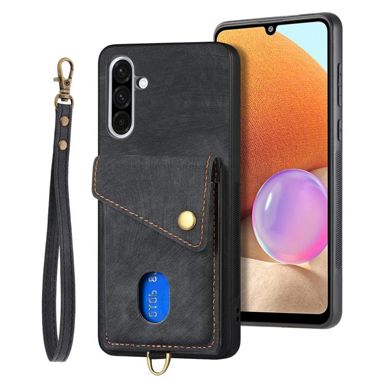 Retro Card Wallet Fold Leather Phone Case with Strap