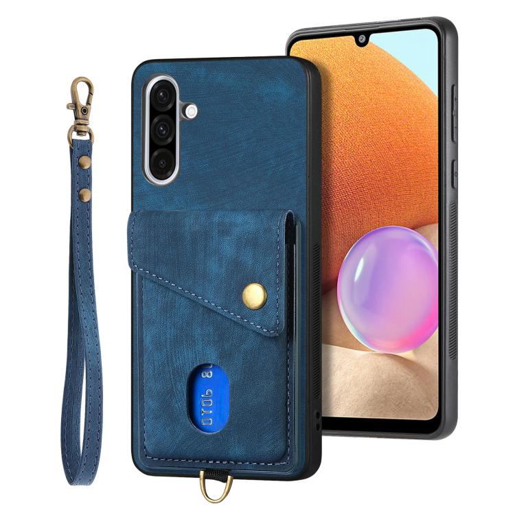 Retro Card Wallet Fold Leather Phone Case with Strap