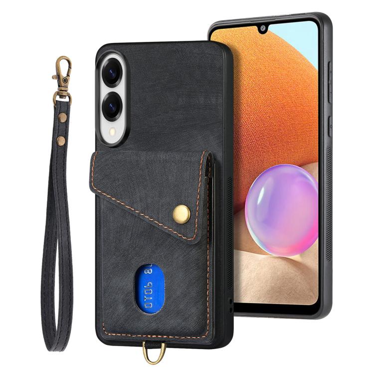 Retro Card Wallet Fold Leather Phone Case with Strap