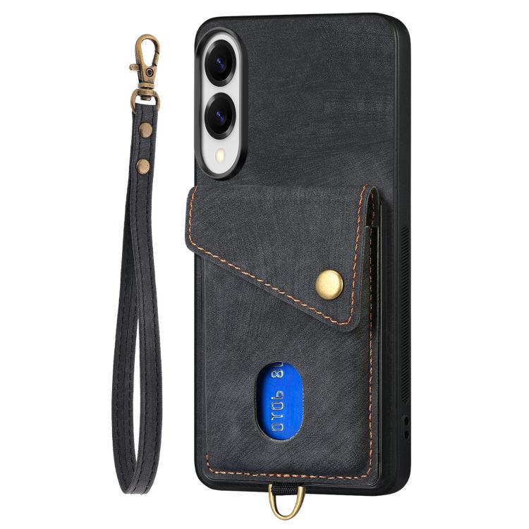 Retro Card Wallet Fold Leather Phone Case with Strap