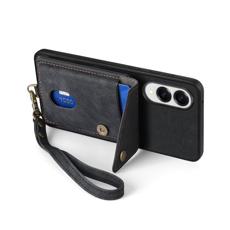 Retro Card Wallet Fold Leather Phone Case with Strap