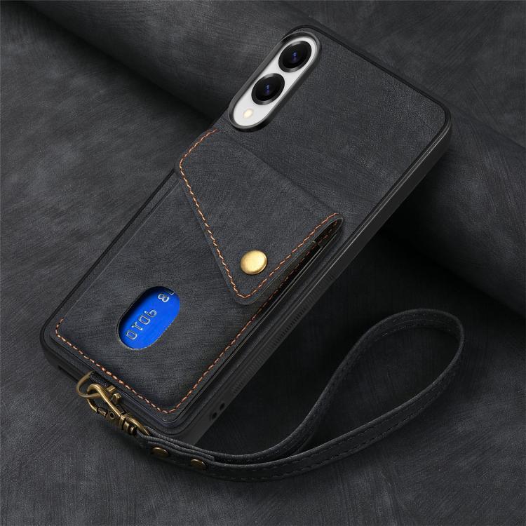 Retro Card Wallet Fold Leather Phone Case with Strap