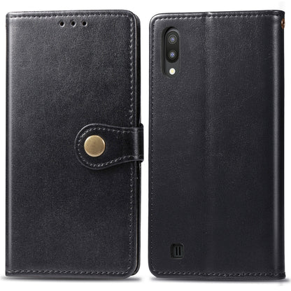Retro Solid Color Leather Buckle Mobile Phone Protection Leather Case with Photo Frame & Card Slot & Wallet & Bracket Function for Galaxy M10