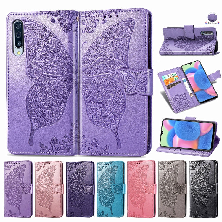 For Galaxy A30S Butterfly Love Flower Embossed Horizontal Flip Leather Case with Bracket / Card Slot / Wallet / Lanyard