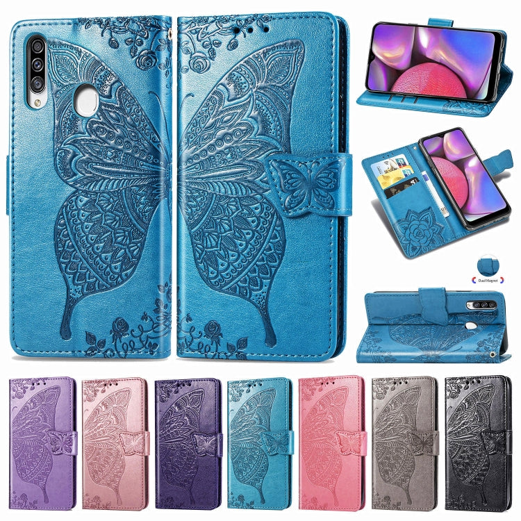 For Galaxy A20S  Butterfly Love Flower Embossed Horizontal Flip Leather Case with Bracket / Card Slot / Wallet / Lanyard