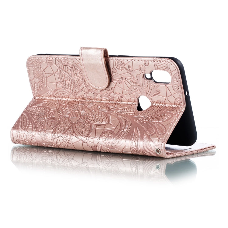 For Galaxy A10S Lace Flower Embossing Pattern Horizontal Flip Leather Case , with Holder & Card Slots & Wallet & Photo Frame & Lanyard