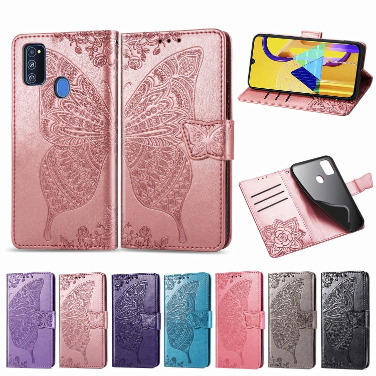 For Galaxy M30s  Butterfly Love Flower Embossed Horizontal Flip Leather Case with Bracket Lanyard Card Slot Wallet
