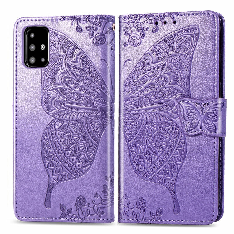 For Galaxy A51 Butterfly Love Flower Embossed Horizontal Flip Leather Case with Bracket / Card Slot / Wallet / Lanyard