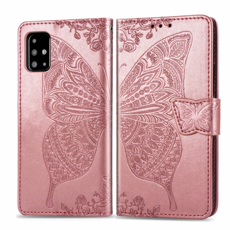 For Galaxy A51 Butterfly Love Flower Embossed Horizontal Flip Leather Case with Bracket / Card Slot / Wallet / Lanyard