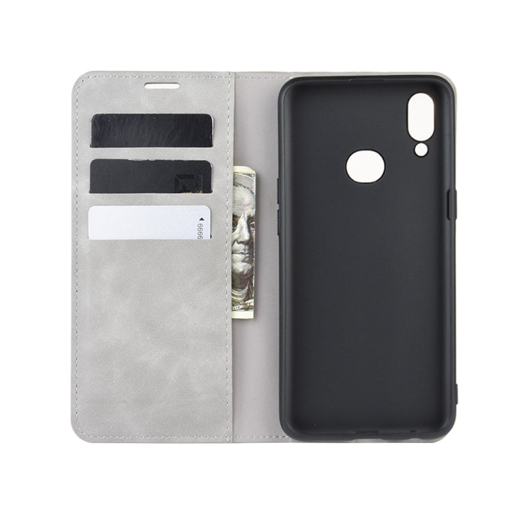 For Galaxy A10s Retro-skin Business Magnetic Suction Leather Case with Holder & Card Slots & Wallet