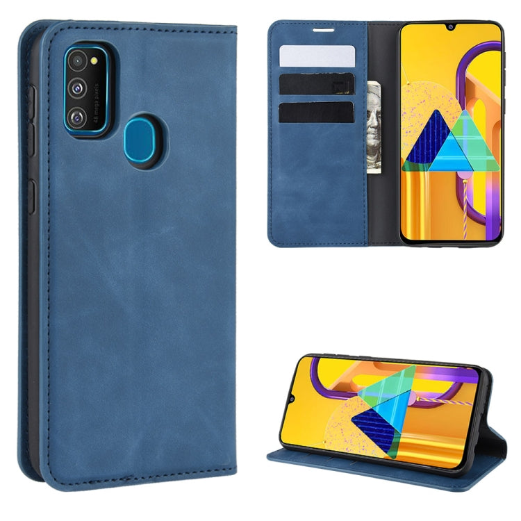 For Galaxy M30s Retro-skin Business Magnetic Suction Leather Case with Holder & Card Slots & Wallet