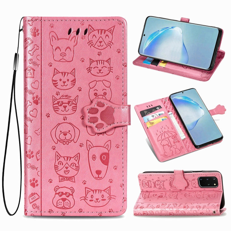 For Galaxy S20 Plus Cute Cat and Dog Embossed Horizontal Flip Leather Case with Bracket / Card Slot / Wallet / Lanyard