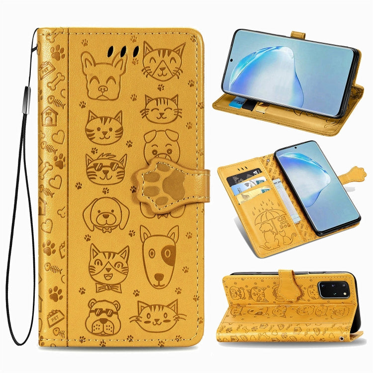 For Galaxy S20 Plus Cute Cat and Dog Embossed Horizontal Flip Leather Case with Bracket / Card Slot / Wallet / Lanyard