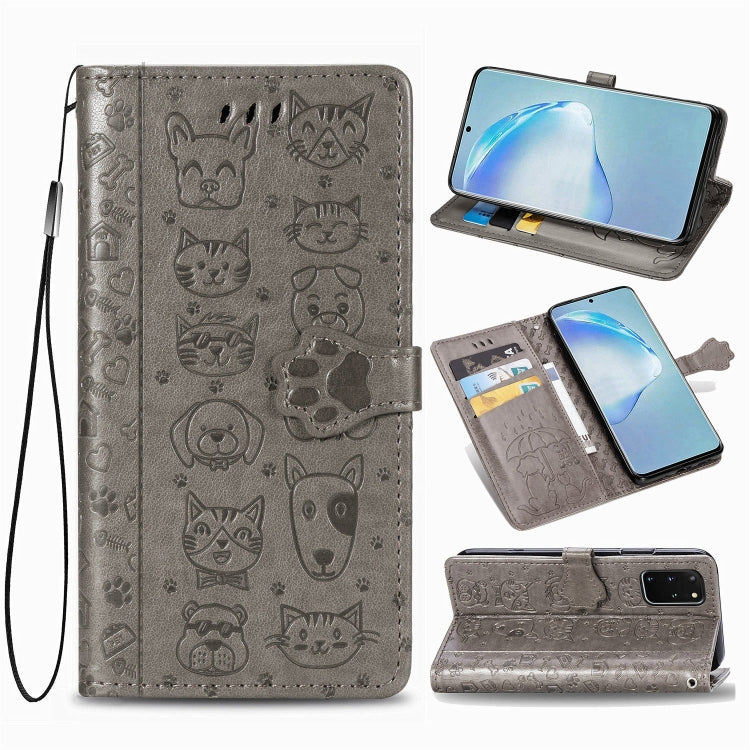 For Galaxy S20 Plus Cute Cat and Dog Embossed Horizontal Flip Leather Case with Bracket / Card Slot / Wallet / Lanyard