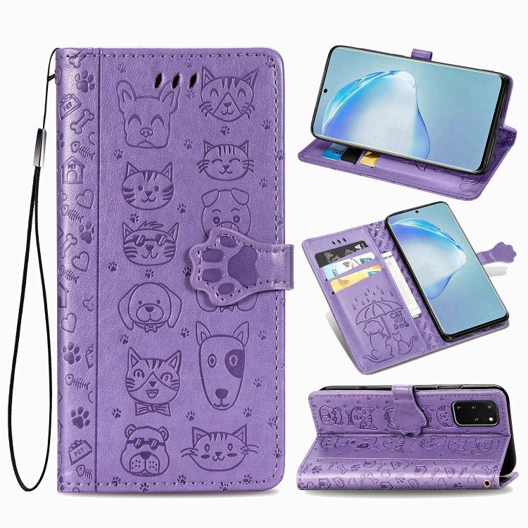For Galaxy S20 Plus Cute Cat and Dog Embossed Horizontal Flip Leather Case with Bracket / Card Slot / Wallet / Lanyard