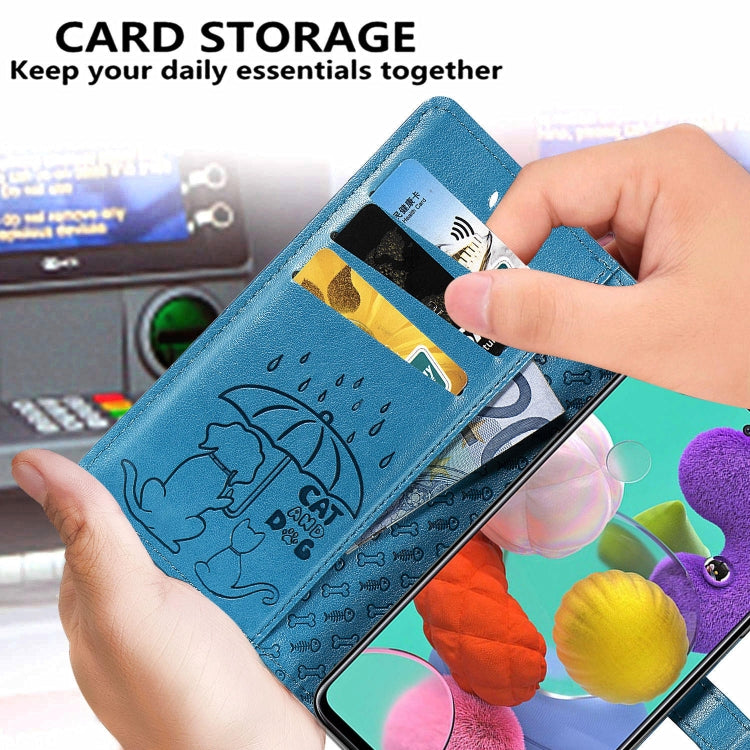 For Galaxy A71 Cute Cat and Dog Embossed Horizontal Flip Leather Case with Bracket / Card Slot / Wallet / Lanyard