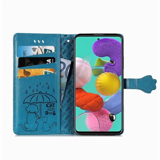 For Galaxy A71 Cute Cat and Dog Embossed Horizontal Flip Leather Case with Bracket / Card Slot / Wallet / Lanyard