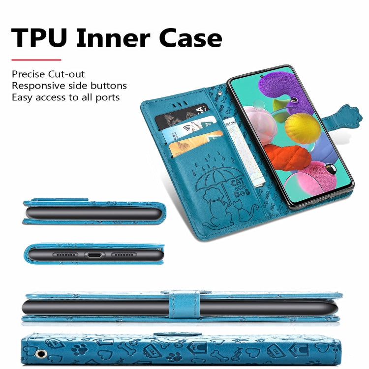 For Galaxy A71 Cute Cat and Dog Embossed Horizontal Flip Leather Case with Bracket / Card Slot / Wallet / Lanyard
