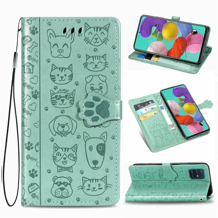 For Galaxy A71 Cute Cat and Dog Embossed Horizontal Flip Leather Case with Bracket / Card Slot / Wallet / Lanyard