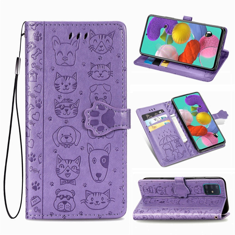 For Galaxy A71 Cute Cat and Dog Embossed Horizontal Flip Leather Case with Bracket / Card Slot / Wallet / Lanyard