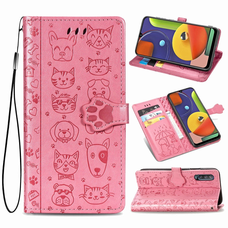 For Galaxy A70/A70S Cute Cat and Dog Embossed Horizontal Flip Leather Case with Bracket / Card Slot / Wallet / Lanyard