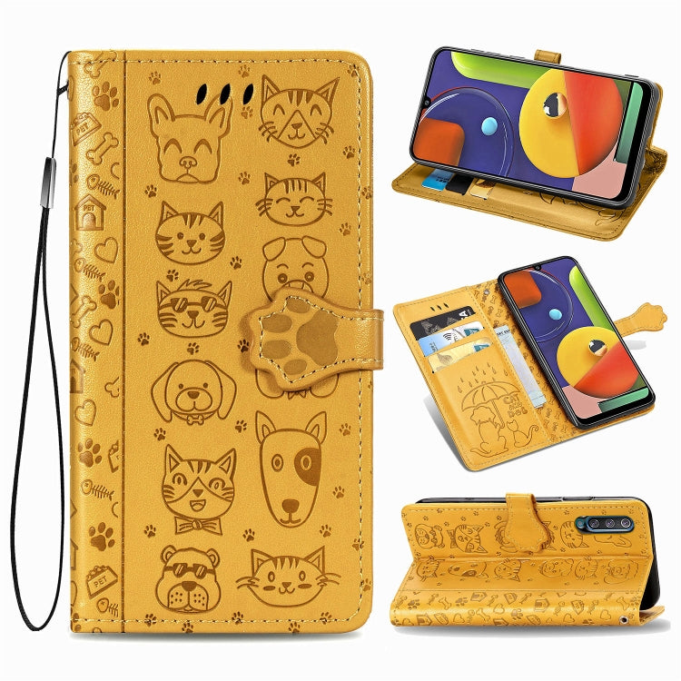 For Galaxy A70/A70S Cute Cat and Dog Embossed Horizontal Flip Leather Case with Bracket / Card Slot / Wallet / Lanyard