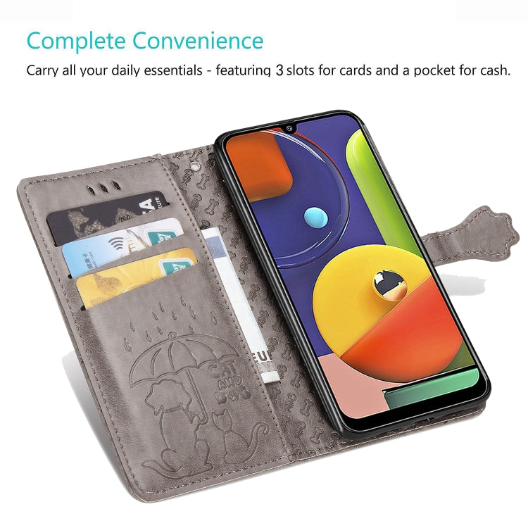 For Galaxy A70/A70S Cute Cat and Dog Embossed Horizontal Flip Leather Case with Bracket / Card Slot / Wallet / Lanyard