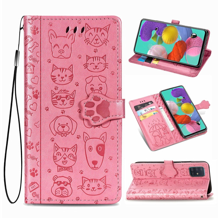 For Galaxy A51 Cute Cat and Dog Embossed Horizontal Flip Leather Case with Bracket / Card Slot / Wallet / Lanyard