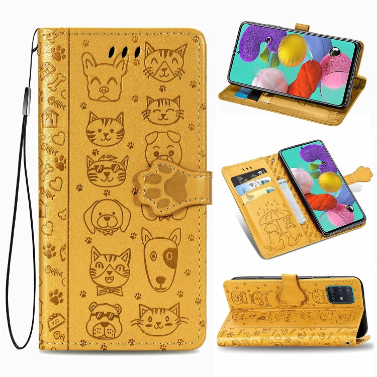 For Galaxy A51 Cute Cat and Dog Embossed Horizontal Flip Leather Case with Bracket / Card Slot / Wallet / Lanyard