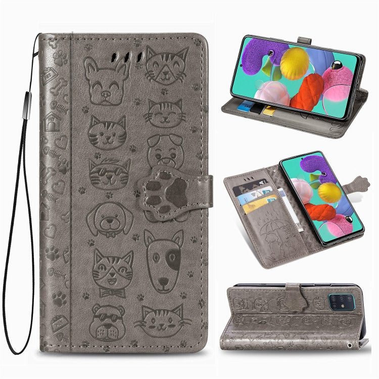 For Galaxy A51 Cute Cat and Dog Embossed Horizontal Flip Leather Case with Bracket / Card Slot / Wallet / Lanyard