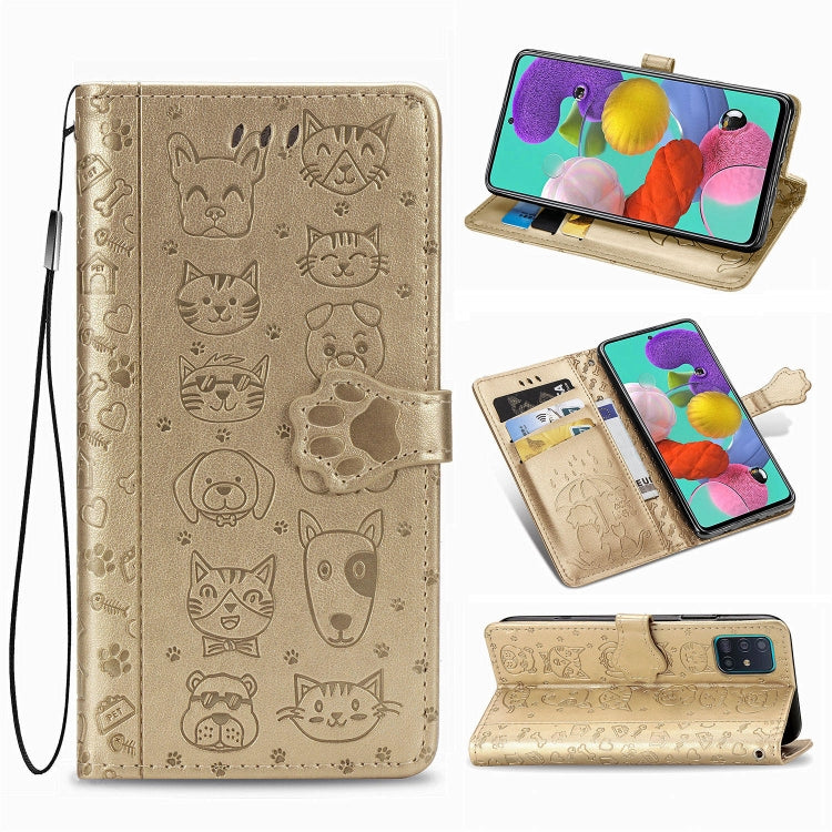 For Galaxy A51 Cute Cat and Dog Embossed Horizontal Flip Leather Case with Bracket / Card Slot / Wallet / Lanyard