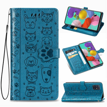 For Galaxy A51 Cute Cat and Dog Embossed Horizontal Flip Leather Case with Bracket / Card Slot / Wallet / Lanyard