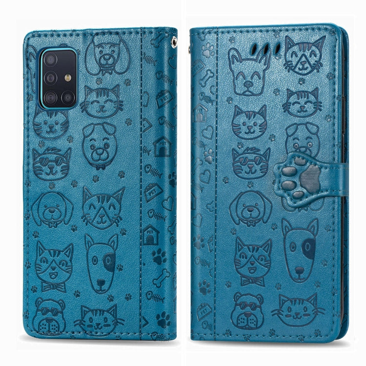 For Galaxy A51 Cute Cat and Dog Embossed Horizontal Flip Leather Case with Bracket / Card Slot / Wallet / Lanyard