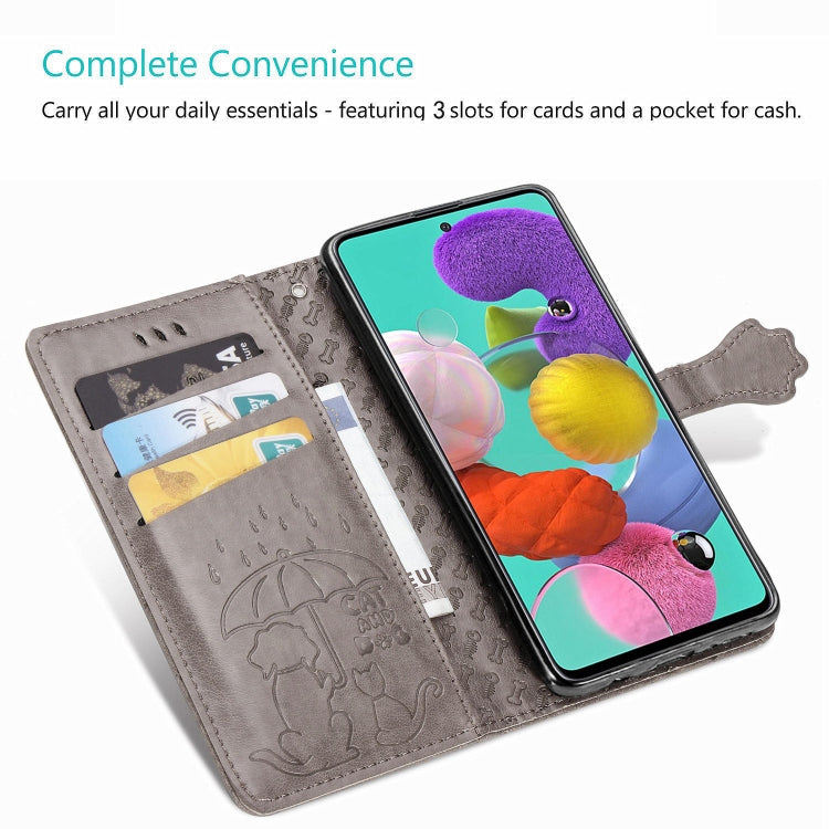 For Galaxy A51 Cute Cat and Dog Embossed Horizontal Flip Leather Case with Bracket / Card Slot / Wallet / Lanyard