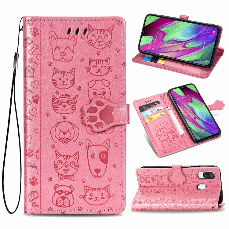 For Galaxy A40 Cute Cat and Dog Embossed Horizontal Flip Leather Case with Bracket / Card Slot / Wallet / Lanyard