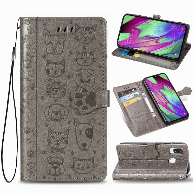 For Galaxy A40 Cute Cat and Dog Embossed Horizontal Flip Leather Case with Bracket / Card Slot / Wallet / Lanyard