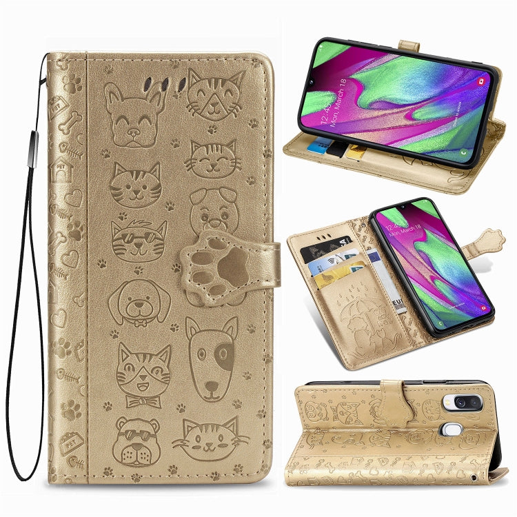 For Galaxy A40 Cute Cat and Dog Embossed Horizontal Flip Leather Case with Bracket / Card Slot / Wallet / Lanyard
